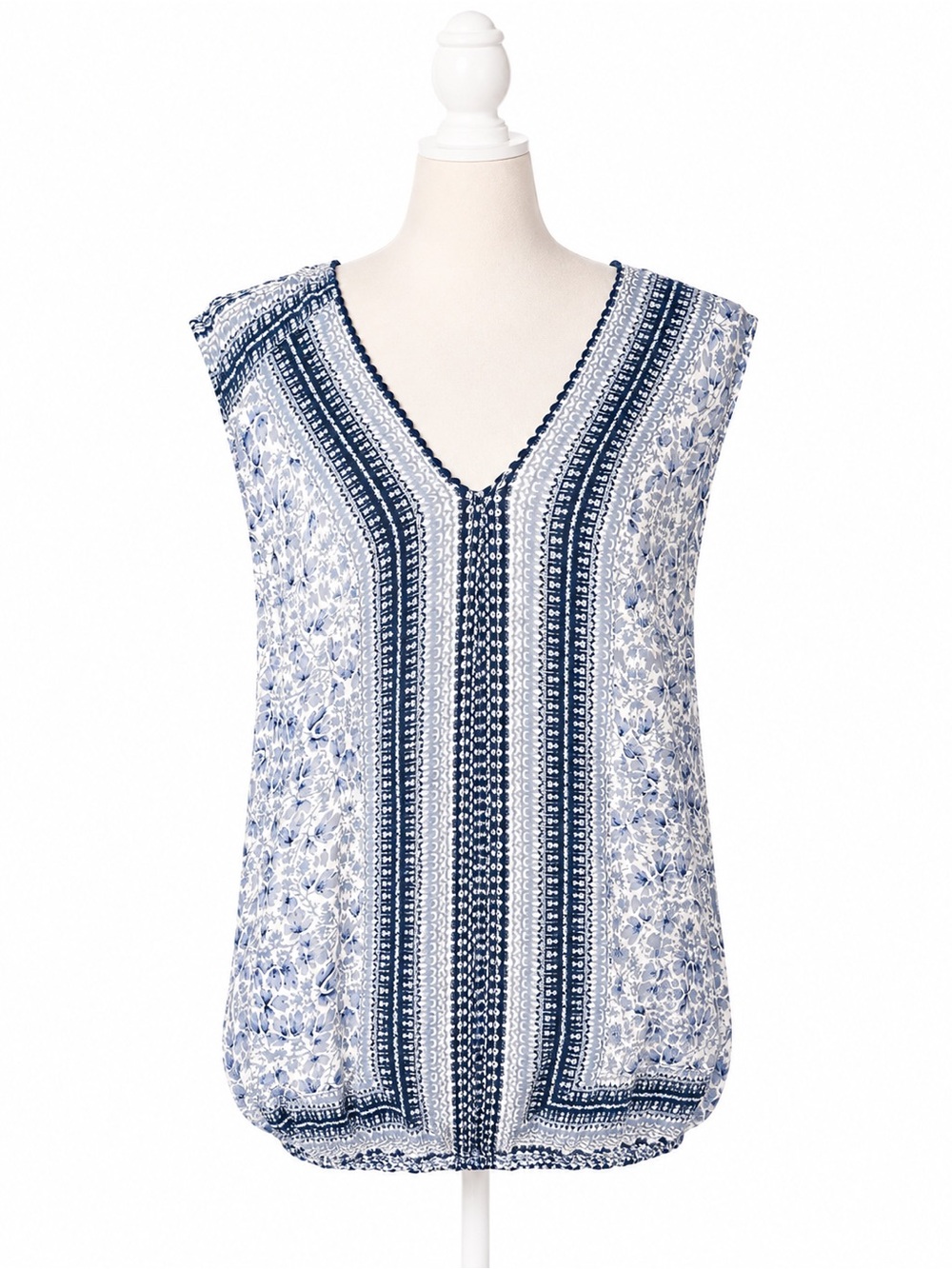 Lucky Brand Blue Floral Border Print Sleeveless V Neck Tank Top Women’s L Boho